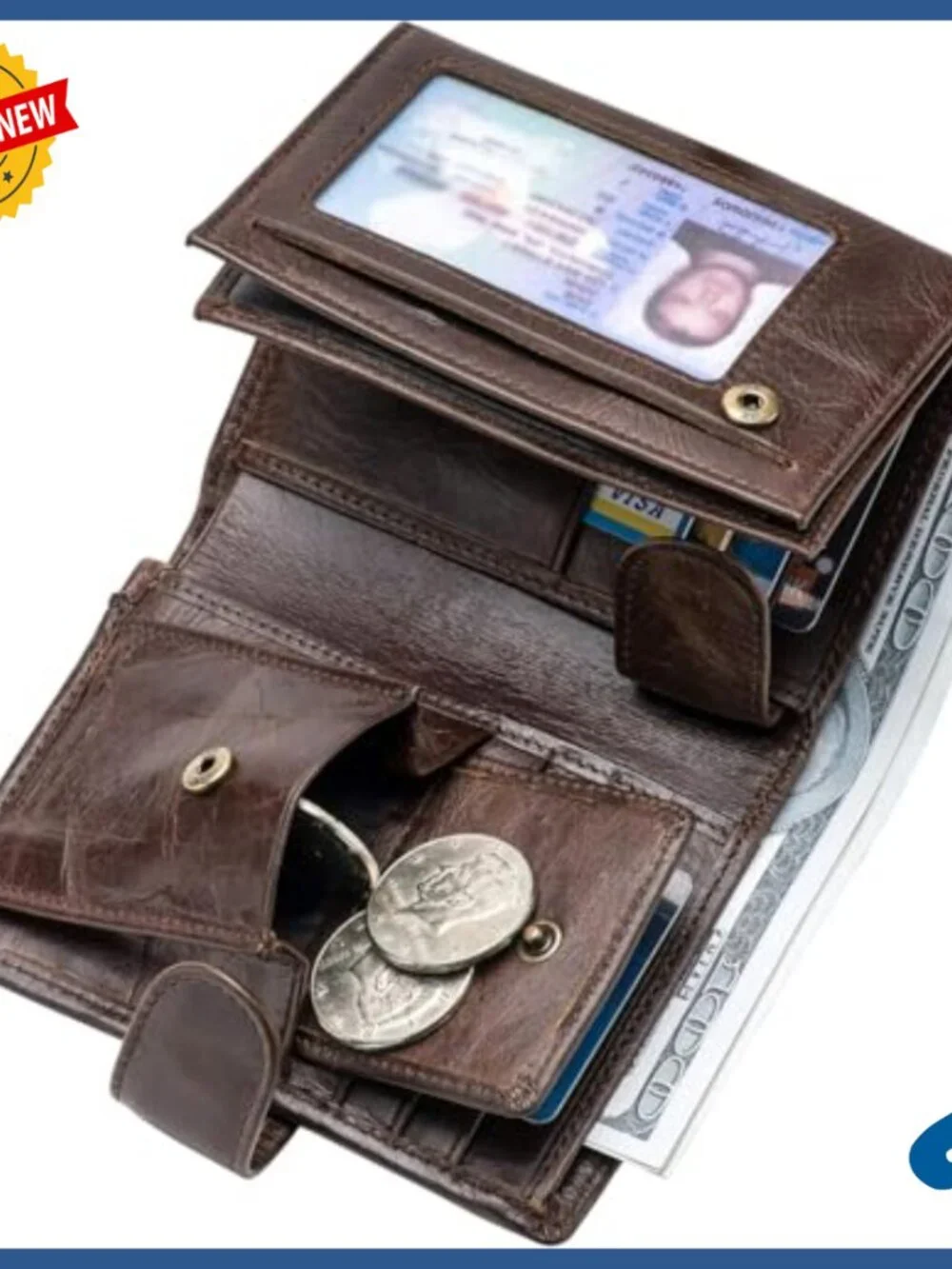 Large RFID Blocking Genuine Leather Trifold Wallet with Snap Closure
